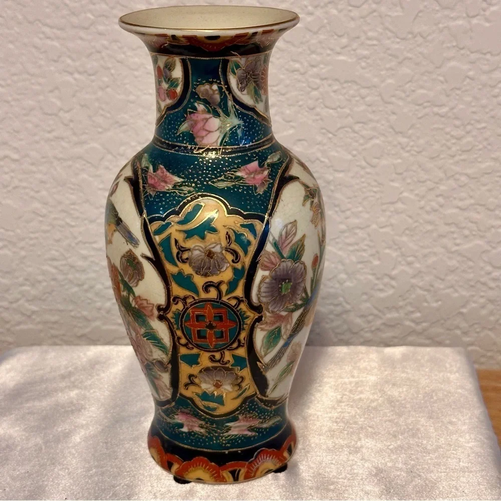 Vintage Asian Decorative Vase Bird Floral Gold Accent Satsuma Style